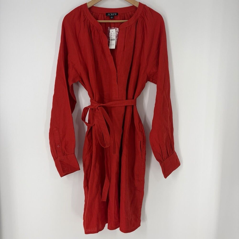 J Crew Cabana Mini Dress Size Large Tall Womens Red Linen Pockets Beach Resort